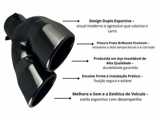 Ponteira Dupla Chanfrada Preta — Entrada 2½″ | Saída 3″ | 200mm (Premium Inox 304 com Acabamento Black Gloss)