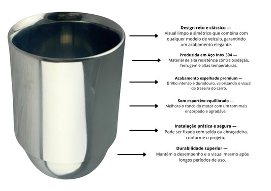 Ponteira Reta Inox — Entrada 2½″ | Saída 4½″ | 150mm (Premium Inox 304 Polido)
