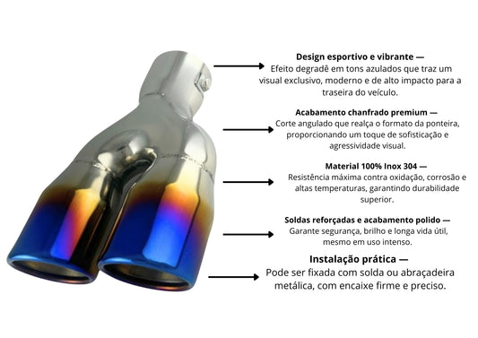 Ponteira Dupla Chanfrada Azul Titânio | Inox — Entrada 2″ | Saída 2½″ | 210mm (Premium Performance)