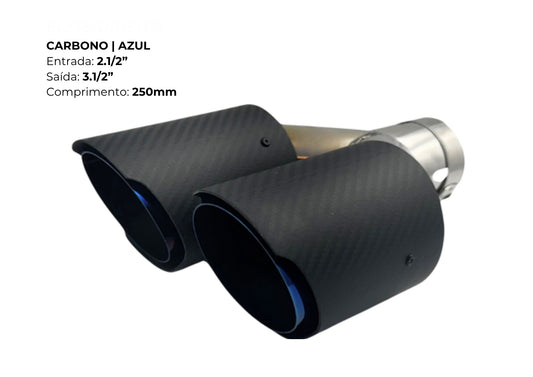 Ponteira Dupla Carbono Azul | Inox — Entrada 2½″ | Saída 3½″ | 250mm (Premium Carbon Fiber + Azul Titan)