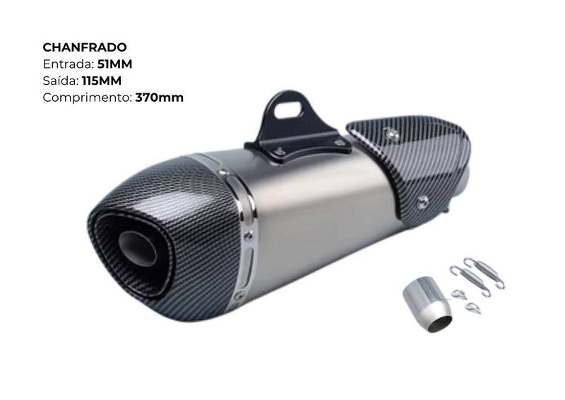 Escapamento Esportivo de Moto Chanfrado | Inox + Fibra de Carbono — Entrada 51mm | Saída 115mm | 370mm (Premium Performance)