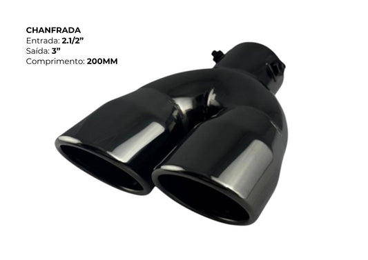 Ponteira Dupla Chanfrada Preta — Entrada 2½″ | Saída 3″ | 200mm (Premium Inox 304 com Acabamento Black Gloss)