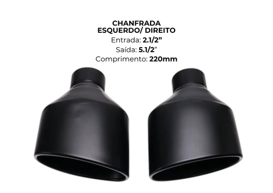 Par de Ponteira Chanfrada Preta Esquerda/Direita — Entrada 2½″ | Saída 5½″ | 220mm (Par Inox 304 Premium)