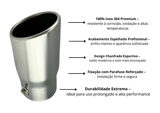 Ponteira Chanfrada Inox Polido — Entrada 2½″ | Saída 3″ | 155mm (Premium Inox 304)