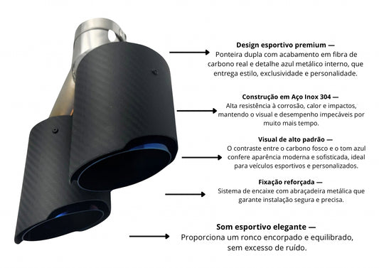 Ponteira Dupla Carbono Azul | Inox — Entrada 2½″ | Saída 3½″ | 250mm (Premium Carbon Fiber + Azul Titan)