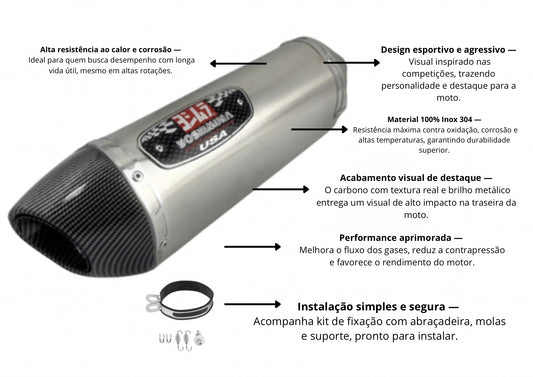Escapamento Esportivo de Moto Chanfrado | Inox + Carbono — Entrada 51mm | Saída 130mm | 410mm (Premium Performance)
