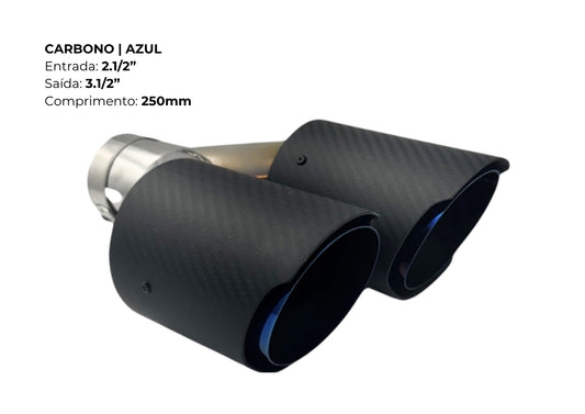Ponteira Dupla Carbono Azul | Inox — Entrada 2½″ | Saída 3½″ | 250mm (Premium Carbon Fiber + Azul Titan Lado Oposto)