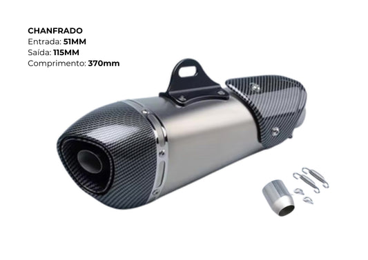 Escapamento Esportivo de Moto Chanfrado | Inox + Fibra de Carbono — Entrada 51mm | Saída 115mm | 370mm (Premium Performance)