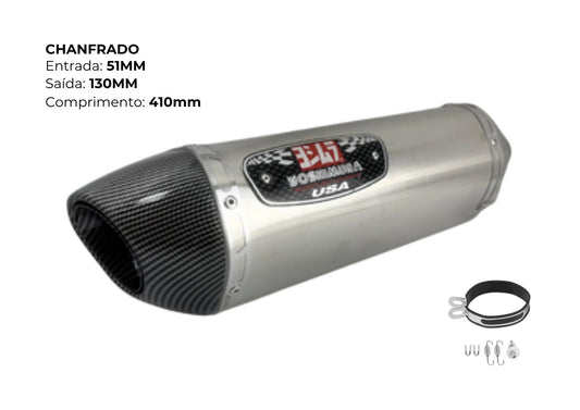 Escapamento Esportivo de Moto Chanfrado | Inox + Carbono — Entrada 51mm | Saída 130mm | 410mm (Premium Performance)